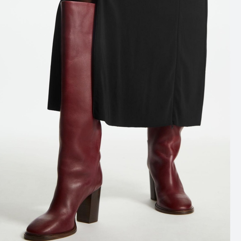 $390 COS Knee High Leather Boots, Size 39 Bordeaux Burgundy Red